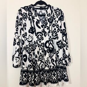 Zara Black and White Patterned Ruffle Dress with 3/4 Sleeves